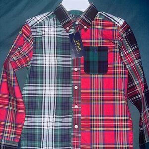Polo by Ralph Lauren Boys Plaid Patchwork Button-Down Shirt - Red, Green, Navy